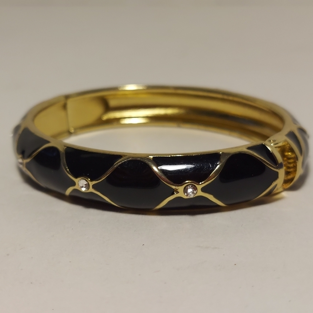 Landau Black Enamel Gold Tone w Rhinestone Hinged Bangle Bracelet Art Deco Style